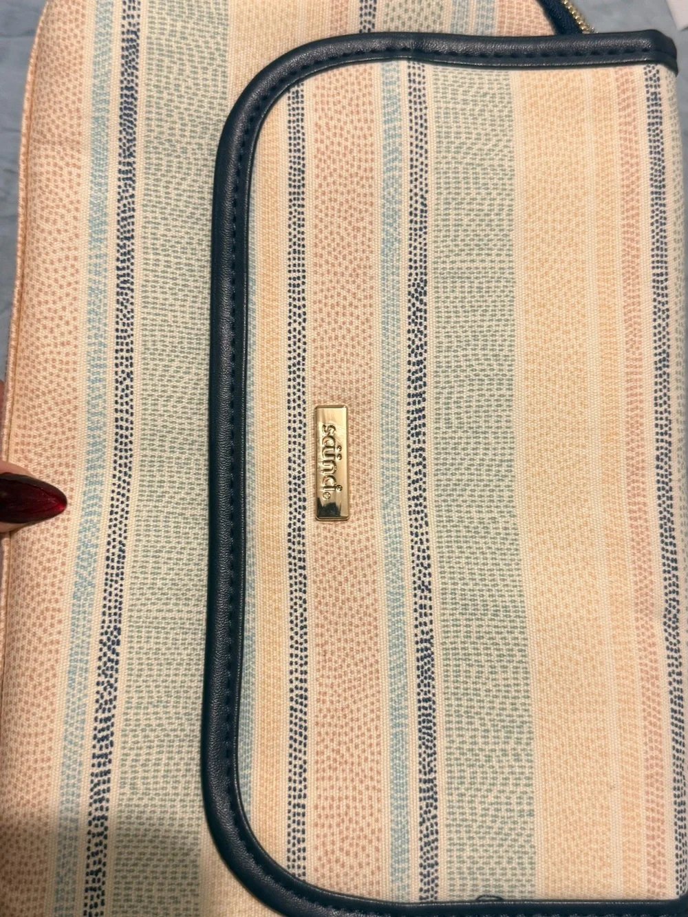 Makeup Travel Organizer Striped Pastel Clutch with Navy Trim